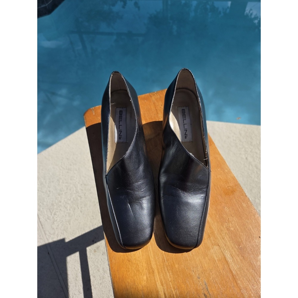 Vintage Bellini Vigion Black Leather Square Toe Pumps Block Heel Size 8.5